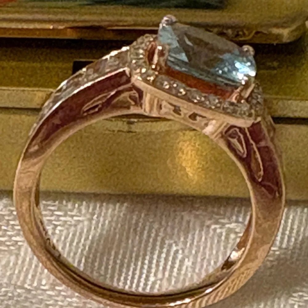 LeVian 14k Strawberry Gold Ring Blue stone surrounded by Diamonds & Baguettes - Picture 11 of 11